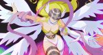  1girl angewomon blonde_hair breasts cleavage covered_eyes digimon dutch_angle elbow_gloves gloves helmet_over_eyes highres large_breasts long_hair navel outstretched_arm purple_ribbon rae_(hexedwithluck) ribbon sidelocks single_elbow_glove smile solo symbol-only_commentary thighs very_long_hair white_gloves 