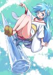  1girl absurdres ass blue_eyes blue_hair breasts dated dororon_enma-kun full_body hair_ornament highres icicle isedaichi_ken japanese_clothes kimono long_hair looking_at_viewer no_panties open_mouth sandals short_kimono skull_hair_ornament smile solo white_kimono yukiko_hime 