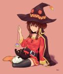  1girl absurdres bandaged_leg bandages black_choker black_hair black_headwear black_legwear blush cape cat choker chomusuke dress eyebrows_visible_through_hair hat highres kono_subarashii_sekai_ni_shukufuku_wo! long_sleeves megumin open_mouth red_dress red_eyes short_hair_with_long_locks signature single_thighhigh skindentation smile solo thighhighs witch_hat 