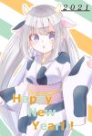  1girl 2021 :o animal_ears animal_print bangs cow_ears cow_print emilia_(re:zero) eyebrows_visible_through_hair grey_background grey_hair happy_new_year highres horns japanese_clothes kikuno_tsumiki kimono long_hair long_sleeves obi open_mouth orange_background purple_eyes re:zero_kara_hajimeru_isekai_seikatsu sash solo striped striped_background white_background wide_sleeves 