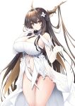  1girl absurdres antlers azur_lane bangs breasts brown_eyes brown_hair cameltoe cleavage closed_mouth commentary_request detached_collar detached_sleeves dress eyebrows_visible_through_hair flower hair_between_eyes hair_flower hair_ornament highres huge_breasts indomitable_(azur_lane) long_hair looking_at_viewer raranokusu revealing_clothes sidelocks simple_background smile standing thighs very_long_hair white_background white_dress 