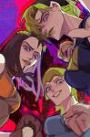  3girls baseball baseball_mitt black_hair blue_eyes blurry braid braided_ponytail brown_eyes clenched_hand depth_of_field double_bun dreadlocks ermes_costello eyelashes foo_fighters from_below green_eyes green_hair green_lips grin highres jojo_no_kimyou_na_bouken kujo_jolyne multicolored_hair multiple_girls overalls puppetjackmj smile stone_ocean two-tone_hair 