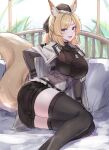  1girl absurdres animal_ear_fluff animal_ears arknights armor black_bow black_headwear black_legwear black_shorts blonde_hair blue_eyes blush bow breastplate breasts cape fang feet_out_of_frame hair_bow hand_on_hip hat highres horse_ears horse_girl horse_tail kanta_(kanta_077) kingdom_of_kazimierz_logo large_breasts looking_at_viewer open_mouth shorts sitting sketch skin_fang solo tail thighhighs thighs unfinished whislash_(arknights) white_cape 
