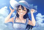  1girl bangs bare_arms blue_hair blue_sky blush cloud day dress grin hand_on_headwear hat long_hair looking_at_viewer love_live! love_live!_school_idol_project open_mouth outdoors sky sleeveless sleeveless_dress smile solo sonoda_umi sun_hat sundress swept_bangs upper_body white_dress yellow_eyes zunda_mochi_(zundamochilala) 