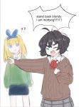  2girls ? ?? blind_girl_(popopoka) blonde_girl_(popopoka) blonde_hair borrowed_character closed_eyes english_text it&#039;s_morbin&#039;_time_(meme) marvel meme morbius_(film) multiple_girls neqo_(neneneqo) original short_hair shouting simple_background sweater white_background 