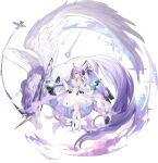  1girl ahoge azur_lane bangs covered_mouth detached_sleeves dress feathered_wings full_body hair_bun hands_up highres kaede_(yumesaki_kaede) light_blush long_hair looking_at_viewer official_alternate_costume official_art own_hands_together purple_eyes purple_hair rigging see-through see-through_dress see-through_sleeves short_dress solo thighhighs transparent_background unicorn unicorn_(azur_lane) white_dress white_footwear white_legwear winged_unicorn wings 
