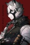  anthro canid canine canis clothed clothing finger_ring fingerless_gloves fur gloves hair handwear harness leash_and_collar looking_at_viewer male mammal red_background simple_background solo suit white_body white_fur white_hair wolf zenless_zone_zero 