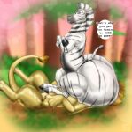  2017 alakay_alex big_butt butt claws crossed_arms dialogue dreamworks duo equid equine facesitting felid feral fur hi_res huge_butt hyper hyper_butt lion looking_at_another looking_down madagascar_(series) male mammal marty_the_zebra nude pantherine raised_tail sitting speech_bubble tail_tuft text tuft xtrent968 zebra 