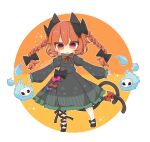  1girl :3 animal_ears black_bow blush bow braid cat_ears cat_tail chibi dress floating_skull full_body hair_bow hitodama kaenbyou_rin long_hair long_sleeves looking_at_viewer multiple_tails nekomata red_eyes red_hair ribbon solo tail touhou twin_braids two_tails v-shaped_eyebrows yaco_(nuitnotte) 