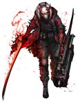  1boy black_jacket blood blood_on_clothes blood_on_weapon body_armor boots chain_paradox commission explosive fire flaming_sword flaming_weapon full_body grenade grey_pants hetza_(hellshock) holding holding_weapon horns jacket knife looking_at_viewer mask multiple_sources pants sheath sheathed skull_mask solo sword torn_clothes transparent_background walking weapon white_hair 