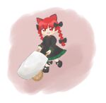  1girl :d animal_ears bangs blunt_bangs bow braid cat_ears cat_tail chibi dress eyebrows_visible_through_hair full_body hair_bow kaenbyou_rin kigoto5 looking_at_viewer minigirl open_mouth red_eyes red_hair simple_background smile solo tail touhou twin_braids twintails wheelbarrow 