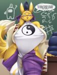  among_us anthro bandai_namco big_breasts breasts canid canine chalkboard classroom clothing dialogue digimon digimon_(species) english_text eyewear female fur glasses hi_res innersloth inside looking_at_viewer mammal mleonheart school solo speech_bubble talking_to_viewer taomon teacher text video_games yellow_body yellow_fur 