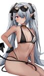  1girl bangs bikini black_bikini black_gloves black_ribbon blue_archive blush breasts choker closed_mouth dark-skinned_female dark_skin eyebrows_visible_through_hair eyewear_on_head gloves grey_hair hair_over_one_eye hair_ribbon highres inu_(puputizy) iori_(blue_archive) iori_(swimsuit)_(blue_archive) long_hair medium_breasts navel pointy_ears red_eyes ribbon simple_background sitting solo stomach sunglasses swimsuit tail very_long_hair white_background 