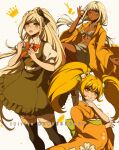  3girls :q artist_name bangs belt bikini black_bow blonde_hair bow breasts brown_dress cat_hair_ornament cleavage criis-chan crown_print danganronpa_(series) danganronpa_2:_goodbye_despair danganronpa_v3:_killing_harmony dark-skinned_female dark_skin dress frilled_dress frills grey_background grey_eyes grey_hair grin hair_bow hair_ornament hand_up jacket japanese_clothes kimono long_hair multiple_girls one_eye_closed open_clothes open_jacket open_mouth orange_kimono pleated_skirt puffy_short_sleeves puffy_sleeves saionji_hiyoko shiny shiny_hair short_sleeves simple_background skirt small_breasts smile sonia_nevermind swimsuit teeth thighhighs tongue tongue_out twintails white_belt yonaga_angie 