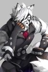  anthro canid canine canis clothed clothing finger_ring fingerless_gloves fur gloves hair hand_on_face handwear harness leash looking_at_viewer male mammal ring simple_background solo suit white_background white_body white_fur white_hair wolf zenless_zone_zero 