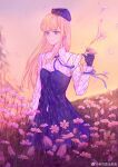 1girl bangs black_gloves blonde_hair blue_dress blue_eyes blue_headwear blue_ribbon closed_mouth dress eyebrows_visible_through_hair fate_(series) flower gloves gradient gradient_background hand_up highres long_hair long_sleeves lord_el-melloi_ii_case_files neck_ribbon outdoors petals pink_flower reines_el-melloi_archisorte ribbon solo tanxi_mei_piqi translation_request 
