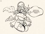  angel anthro biblically_accurate_angel big_breasts breasts clothed clothing cross dialogue duo female fur ghoulishgourd halo hi_res horniel_(thouartphi) human jewelry kneeling male male/female mammal multi_wing necklace partially_clothed simple_background size_difference wings 