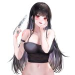  1girl arm_strap bangs black_hair blood blood_on_arm blood_on_face blunt_bangs blush breasts cleavage ear_piercing eyebrows_visible_through_hair gun hand_on_own_face head_rest highres holding holding_gun holding_weapon large_breasts lillly long_hair looking_at_viewer mole mole_under_eye navel open_mouth original piercing red_eyes sidelocks simple_background smile solo tank_top weapon white_background 