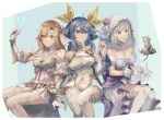  3girls absurdres animal arm_up asuna_(sao) bangs bare_shoulders belt bird border braid breasts brown_eyes brown_hair bug butterfly cat choker cleavage commission crossover crown_braid detached_collar detached_sleeves dizzy_(guilty_gear) dress elbow_gloves emilia_(re:zero) flower gloves guilty_gear guilty_gear_xrd hair_between_eyes hair_flower hair_ornament hair_ribbon hair_rings highres invisible_chair large_breasts long_hair medium_breasts multiple_girls navel oeillet_vie open_mouth purple_eyes re:zero_kara_hajimeru_isekai_seikatsu red_eyes ribbon simple_background sitting skeb_commission smile sword_art_online thigh_strap thighhighs thighs twintails white_border white_dress white_gloves white_hair white_legwear yellow_ribbon 