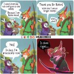  anthro bow_(weapon) canid canine clothed clothing colmscomics comic dialogue disney duo english_text eyewear female fox gem glasses gold_(metal) hi_res humor lagomorph leporid male mammal mother_rabbit multiple_images outside quiver rabbit ranged_weapon robin_hood robin_hood_(disney) shreddyfox signature speech_bubble text weapon 