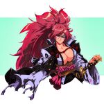  1girl absurdres baiken bangs big_hair breasts david_liu english_commentary facial_mark guilty_gear highres huge_breasts japanese_clothes katana kimono long_hair looking_at_viewer obi obijime ponytail red_eyes red_hair sash sheath sheathed simple_background smile solo sword upper_body very_long_hair weapon wide_sleeves 