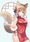  1girl :t animal_ear_fluff animal_ears bangs baozi bare_arms bare_shoulders black_panties blue_background blue_bow blush bow braid braided_bun breasts brown_hair closed_mouth commentary_request covered_navel double_bun dress eating eyebrows_visible_through_hair finger_to_mouth food fox_ears fox_girl fox_tail hair_between_eyes hair_bow hand_up holding holding_food looking_at_viewer midorikawa_you original panties purple_eyes red_dress round_window side-tie_panties sleeveless sleeveless_dress small_breasts solo steam tail underwear window 