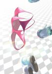  1girl ankle_boots ass blue_footwear boku_no_hero_academia boots checkered_floor covered_nipples gloves green_gloves hagakure_tooru highleg highleg_leotard highres invisible jumping leotard outstretched_arms pink_leotard reaching_out rom_no_hito shoe_soles solo 