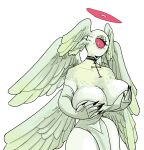  1_eye absurd_res angel anthro biblically_accurate_angel big_breasts blush breast_grab breasts claws clothed clothing cross female fur halo hand_on_breast hi_res horniel_(thouartphi) multi_wing partially_clothed plastikcherub red_eyes simple_background solo white_body white_fur wings 