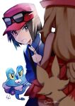  1boy 1girl black_hair blue_jacket blurry brown_hair calem_(pokemon) commentary_request fennekin froakie grey_eyes hat jacket long_hair miramiraa_(wniwnidonn) pleated_skirt pokemon pokemon_(creature) pokemon_(game) pokemon_xy red_skirt serena_(pokemon) short_hair skirt smile strap turtleneck turtleneck_jacket twitter_username white_background 