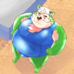  1:1 anthro belly blush canid canine canis clothing domestic_dog eyebrows fur green_body green_fur hi_res lifewonders live-a-hero male mammal mokdai one_piece overweight solo swimming_cap swimwear tatsu_mob thick_eyebrows video_games wet 