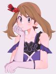  1girl bangs bare_shoulders blush brown_hair closed_mouth collarbone commentary dress eyelashes flower gloves grey_eyes hair_flower hair_ornament hand_up head_rest highres long_hair looking_at_viewer may_(pokemon) mei_(manjunii) official_alternate_costume pokemon pokemon_(game) pokemon_masters_ex purple_dress red_flower simple_background solo upper_body white_background white_gloves 