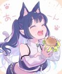  1girl animal_ears bangs black_hair black_skirt black_tube_top blunt_bangs blush breasts burger cat_ears cat_girl cat_tail closed_eyes clothing_cutout commentary_request cowboy_shot eating extra_ears food highres holding holding_food jacket kemonomimi_mode kojo_anna kuzuhana lace_trim long_hair medium_breasts midriff multicolored_hair official_alternate_costume open_mouth pointy_ears shoulder_cutout shrug_(clothing) skirt solo strapless sugar_lyric tail tube_top twintails two-tone_hair virtual_youtuber white_jacket 