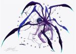  1boy arsh_(thestarwish) arthropod_limbs blue_eyes blue_hair colored_skin completely_nude facing_away full_body hand_on_floor hand_on_own_knee male_focus monster_boy no_pupils nude one_knee original pointy_ears purple_skin short_hair signature slime_(substance) solo spider_boy white_background 