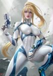  1girl artist_name bangs blonde_hair blue_eyes bodysuit breasts commentary_request covered_navel energy_gun energy_weapon holding holding_weapon lips long_hair long_sleeves looking_at_viewer medium_breasts metroid metroid_dread mole mole_under_mouth open_mouth paralyzer parted_lips ponytail sade_abyss samus_aran shiny shiny_clothes shiny_hair signature simple_background skin_tight trigger_discipline turtleneck weapon white_bodysuit 