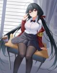  1girl :o absurdres ahoge armband azur_lane bangs black_hair black_legwear bow bowtie bra breasts crossed_bangs drink feet_out_of_frame glasses hair_ribbon hand_on_eyewear highres jacket kafeifeifeifeifeifei_jiemo_jun large_breasts long_hair long_sleeves looking_at_viewer on_table pantyhose pleated_skirt red_eyes red_jacket red_ribbon ribbon round_eyewear school_uniform see-through see-through_shirt shirt shirt_tucked_in sitting skirt solo table taihou_(azur_lane) taut_clothes taut_shirt twintails underwear very_long_hair white_shirt 