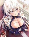  1girl absurdres alcohol azur_lane bangs bare_shoulders belfast_(azur_lane) blurry blurry_background blurry_foreground blush bottle bracelet braid breasts cleavage cleavage_cutout clothing_cutout collarbone cup depth_of_field dress drinking_glass elbow_gloves french_braid from_above furon_(froon) gloves hair_between_eyes hair_ribbon halter_dress halterneck highres jewelry large_breasts long_hair looking_at_viewer out_of_frame parted_lips pouring_onto_another pov pov_hands purple_dress purple_eyes purple_gloves purple_ribbon ribbon sidelocks sleeveless sleeveless_dress solo_focus white_hair wine 