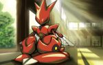  claws closed_eyes dappled_sunlight indian_style indoors iz meditation no_humans pokemon scizor sitting solo sunlight sword tatami tree weapon window wings 