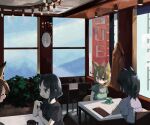  4girls alternate_costume animal_ears black_bow black_bowtie black_hair blonde_hair blue_shirt blush bow bowtie brown_eyes brown_shirt casual cat_ears cat_girl closed_eyes collared_shirt commentary common_raccoon_(kemono_friends) extra_ears eyebrows_visible_through_hair fennec_(kemono_friends) fox_ears fox_girl fox_tail green_shirt grey_hair highres kaban_(kemono_friends) kemono_friends multicolored_hair multiple_girls nanana_(nanana_iz) puffy_short_sleeves puffy_sleeves raccoon_ears raccoon_girl serval_(kemono_friends) shirt short_hair short_sleeves sitting smile table tail white_hair 