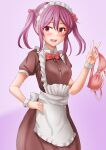  1girl alternate_costume anti_(untea9) apron bra breasts brown_dress dress enmaided eyebrows_visible_through_hair gradient gradient_background hair_between_eyes hair_bobbles hair_ornament hand_on_hip highres kantai_collection looking_at_viewer maid pink_background pink_eyes pink_hair puffy_short_sleeves puffy_sleeves sazanami_(kancolle) short_hair short_sleeves small_breasts solo twintails underwear v 
