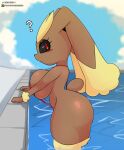  2022 anthro artist_name berkthejerk big_breasts big_butt bikini black_sclera blush breast_squish breasts brown_body brown_fur butt clothed clothing cloud digital_media_(artwork) eyebrows eyelashes female fingers fur hi_res lagomorph long_ears looking_at_viewer lopunny mammal multicolored_body multicolored_fur newgrounds_logo nintendo open_mouth outside partially_submerged pink_nose pok&eacute;mon pok&eacute;mon_(species) question_mark red_eyes scut_tail short_tail side_view skimpy sky sling_bikini solo squish standing swimming_pool swimwear tan_body tan_fur thick_thighs twitter_logo video_games water 
