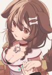  1girl 1other 852_box animal_ears blush bone_hair_ornament breasts brown_hair cleavage collar collarbone dog_ears dog_girl dog_tail fang fingernails hair_between_eyes hair_ornament highres hololive inugami_korone long_hair open_mouth pov pov_hands red_collar skin_fang sleeves_past_wrists solo_focus tail virtual_youtuber 