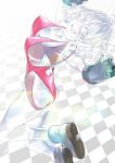  1girl ankle_boots antenna_hair ass bangs blue_footwear boku_no_hero_academia boots breasts checkered_floor covered_nipples gloves green_gloves hagakure_tooru highleg highleg_leotard highres jumping leotard looking_at_viewer open_mouth outstretched_arms pink_leotard reaching_out rom_no_hito shoe_soles short_hair sideboob solo transparent 