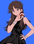  1girl bangs black_dress blue_background brown_eyes brown_hair closed_mouth commentary dress eyelashes green_(pokemon) hand_on_hip hand_up highres holding holding_poke_ball long_hair mei_(manjunii) poke_ball poke_ball_(basic) pokemon pokemon_adventures simple_background sleeveless sleeveless_dress solo wristband 
