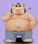  2022 anthro belly big_belly bottomwear bulge clothing eyes_closed humanoid_hands kemono male mammal moobs navel nipples overweight overweight_male pants smoking solo suid suina sus_(pig) toshi_(artist) wild_boar 