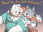  2022 anthro belly big_belly black_nose canid canine canis clothing duo embrace grey_body hug humanoid_hands itachi_guma kemono male mammal one_eye_closed overweight overweight_male polar_bear shirt text topwear ursid ursine white_body wink wolf 