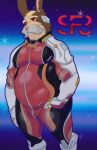  anthro belly bodysuit brown_body brown_fur bulge clothing eric_everyotherheart facial_hair fur hare hi_res lagomorph leporid male mammal mature_male mustache nintendo overweight overweight_male peppy_hare skinsuit solo star_fox tight_clothing video_games 