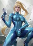  1girl artist_name bangs blonde_hair blue_bodysuit blue_eyes bodysuit breasts commentary_request covered_navel energy_gun energy_weapon holding holding_weapon kneeling lips long_hair long_sleeves looking_at_viewer medium_breasts metroid metroid_dread mole mole_under_mouth ponytail sade_abyss samus_aran shiny shiny_clothes shiny_hair signature simple_background skin_tight trigger_discipline turtleneck weapon zero_suit 