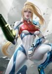 1girl arm_cannon armor artist_name bangs blonde_hair blue_eyes bodysuit breasts commentary_request covered_navel kneeling lips long_hair looking_at_viewer medium_breasts metroid metroid_dread mole mole_under_mouth neon_trim parted_lips ponytail sade_abyss samus_aran shiny shiny_clothes shiny_hair shoulder_armor signature simple_background skin_tight turtleneck weapon white_bodysuit 