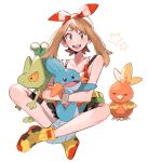  1girl :d bike_shorts bike_shorts_under_shorts bow_hairband bracelet brown_hair commentary eyelashes fanny_pack grey_eyes hairband highres holding holding_pokemon jewelry long_hair looking_at_viewer may_(pokemon) mei_(manjunii) mudkip open_mouth pokemon pokemon_(creature) pokemon_(game) pokemon_oras red_hairband shirt shoes shorts sleeveless sleeveless_shirt smile star_(symbol) teeth tongue torchic treecko white_background white_shorts yellow_bag yellow_footwear 