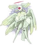  1_eye absurd_res angel anthro biblically_accurate_angel big_breasts blush breasts claws clothed clothing cross female fur halo hi_res horniel_(thouartphi) multi_wing nipple_outline partially_clothed plastikcherub red_eyes simple_background solo white_body white_fur wings 